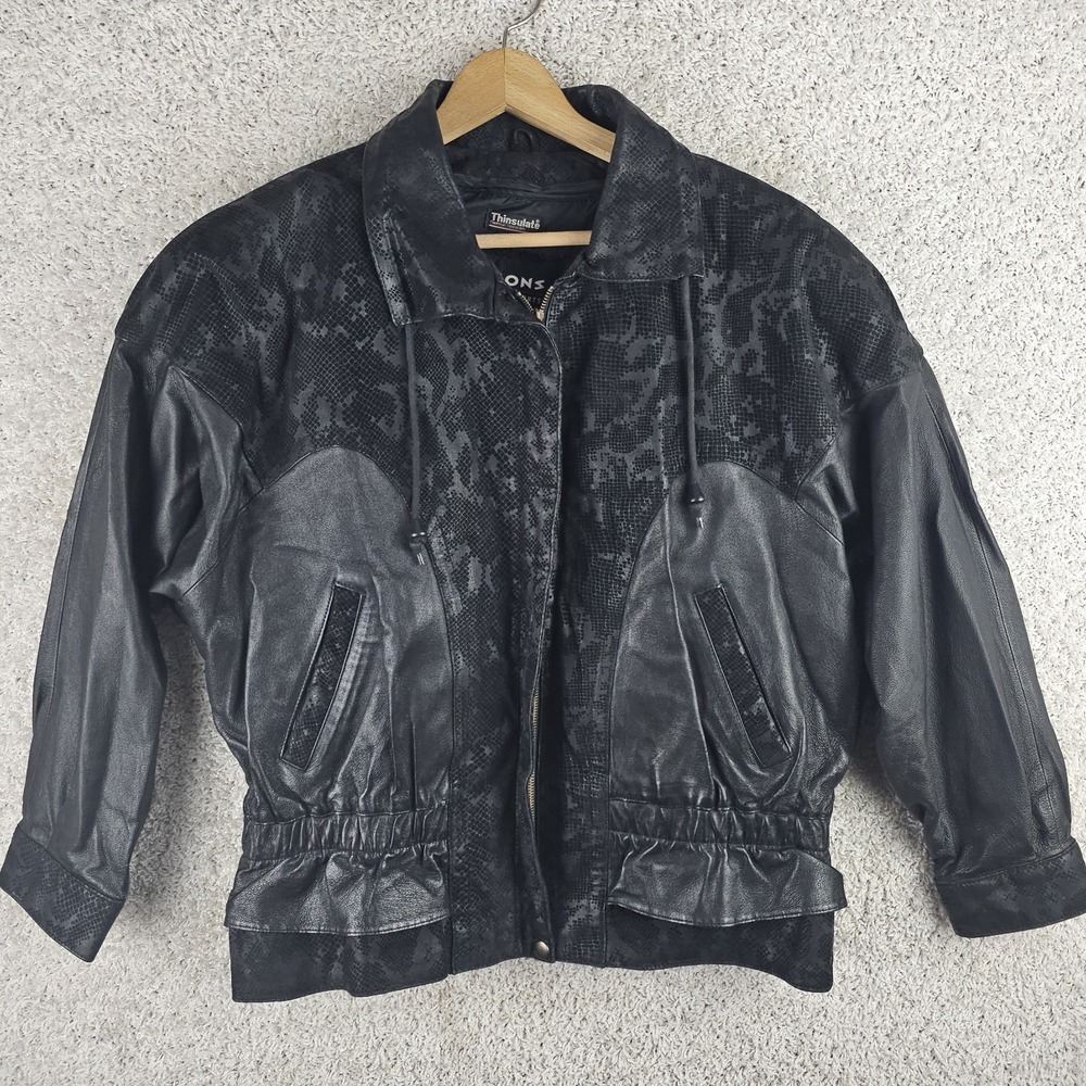 Vintage Wilsons Leather Black Reptile Print Jacket Women's Large 90s Thinsulate